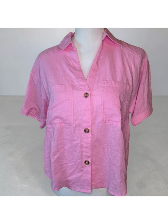 lovetree Tops - Love Tree Small Pink Linen Blend Button Up Blouse Short Sleeve Coastal Casual